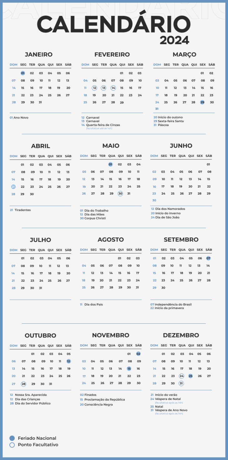 FERIADOS 2024 calendário completo com feriados prolongados